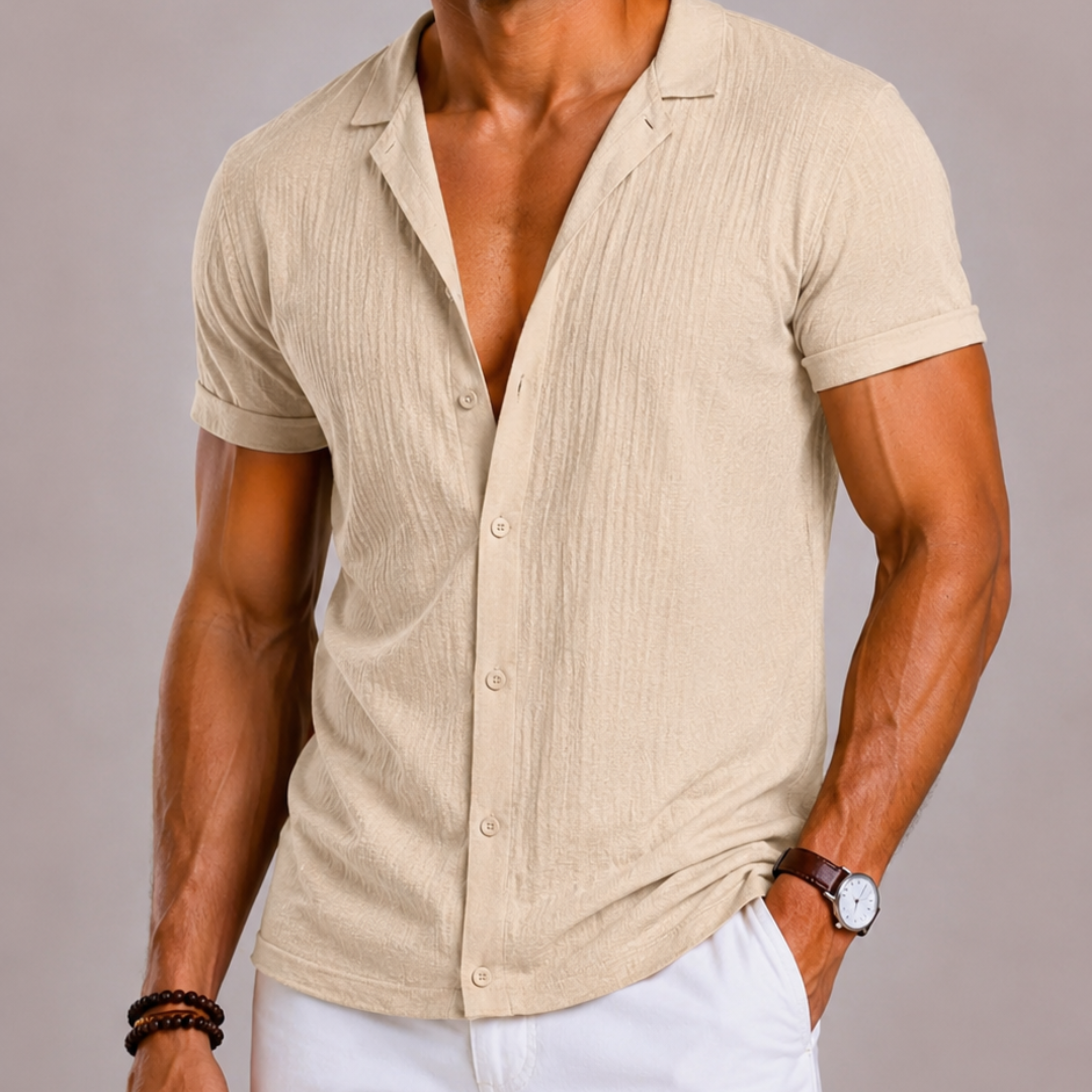Montvero | Chemise en Lin Homme Texturée à Manches Courtes