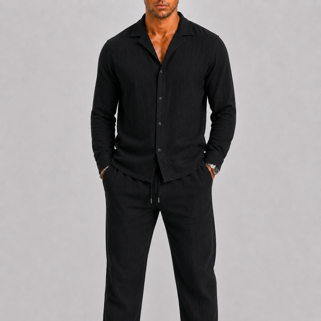 Montvero | Ensemble en Lin Homme avec Col Cubain et Pantalon Élégant