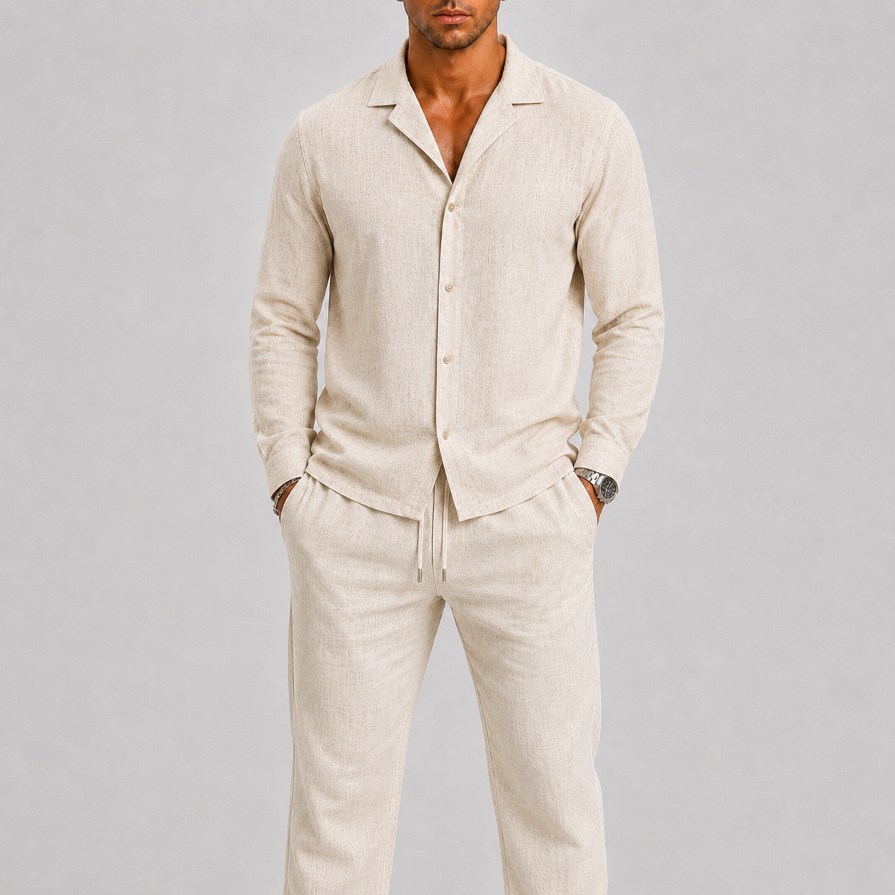 Montvero | Ensemble en Lin Homme avec Col Cubain et Pantalon Élégant
